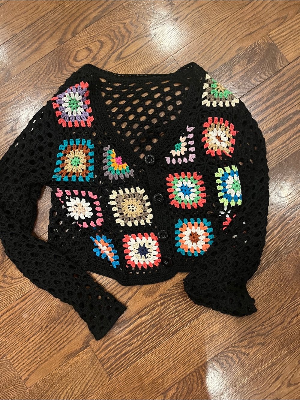 SHEIN L  Crochet Granny-Square Cardigan Sweater - Multicolor Accents